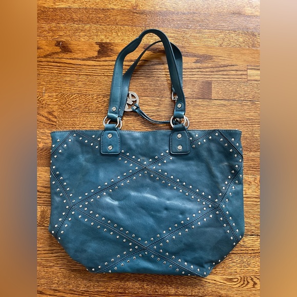 Michael Kors Astor Large Studded Blue Leather Tote Satchel Shoulder Bag Rocker - Picture 4 of 15